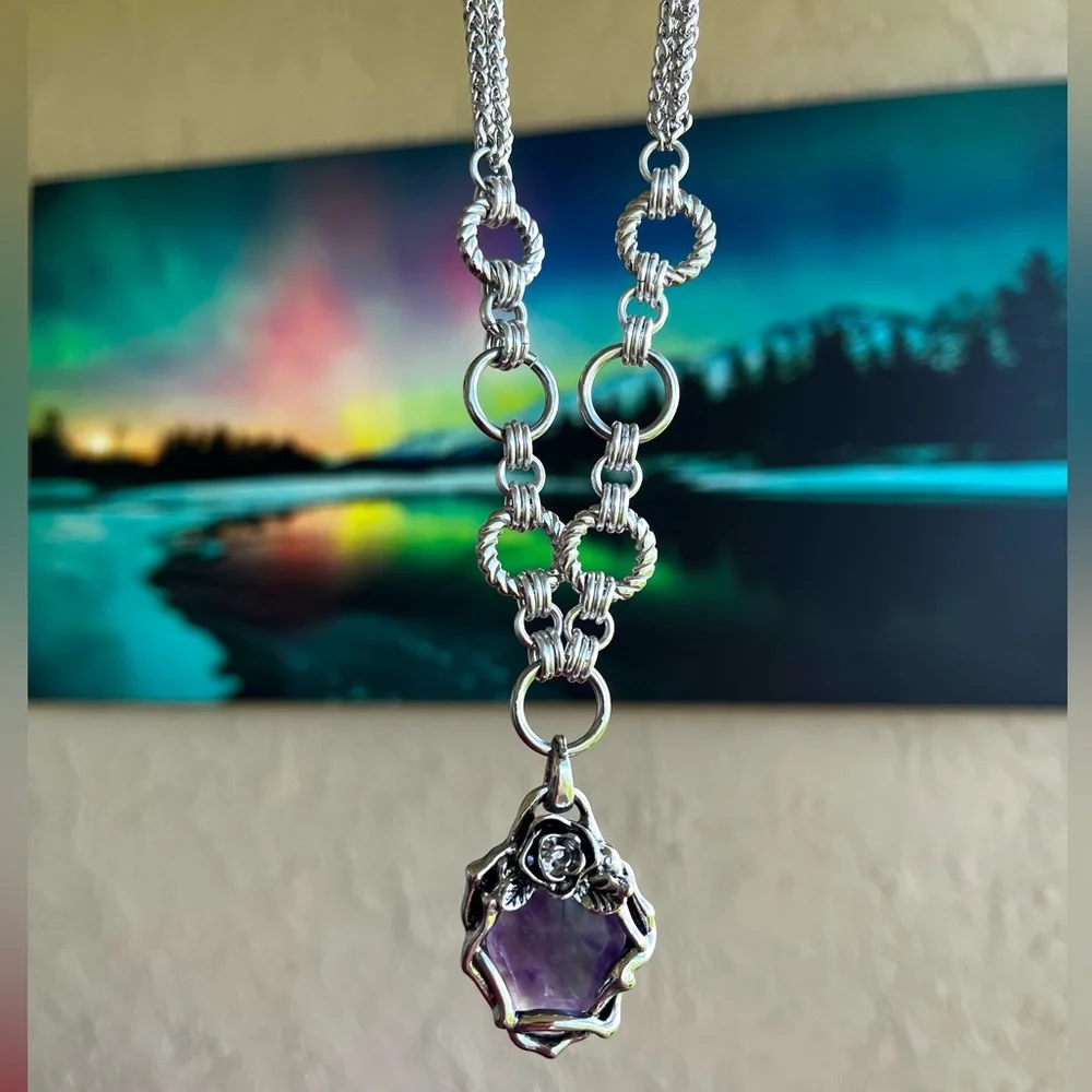 SOLD ON DEP steel necklace double chain purple amethyst gemstone flower charm - Picture 3 of 11
